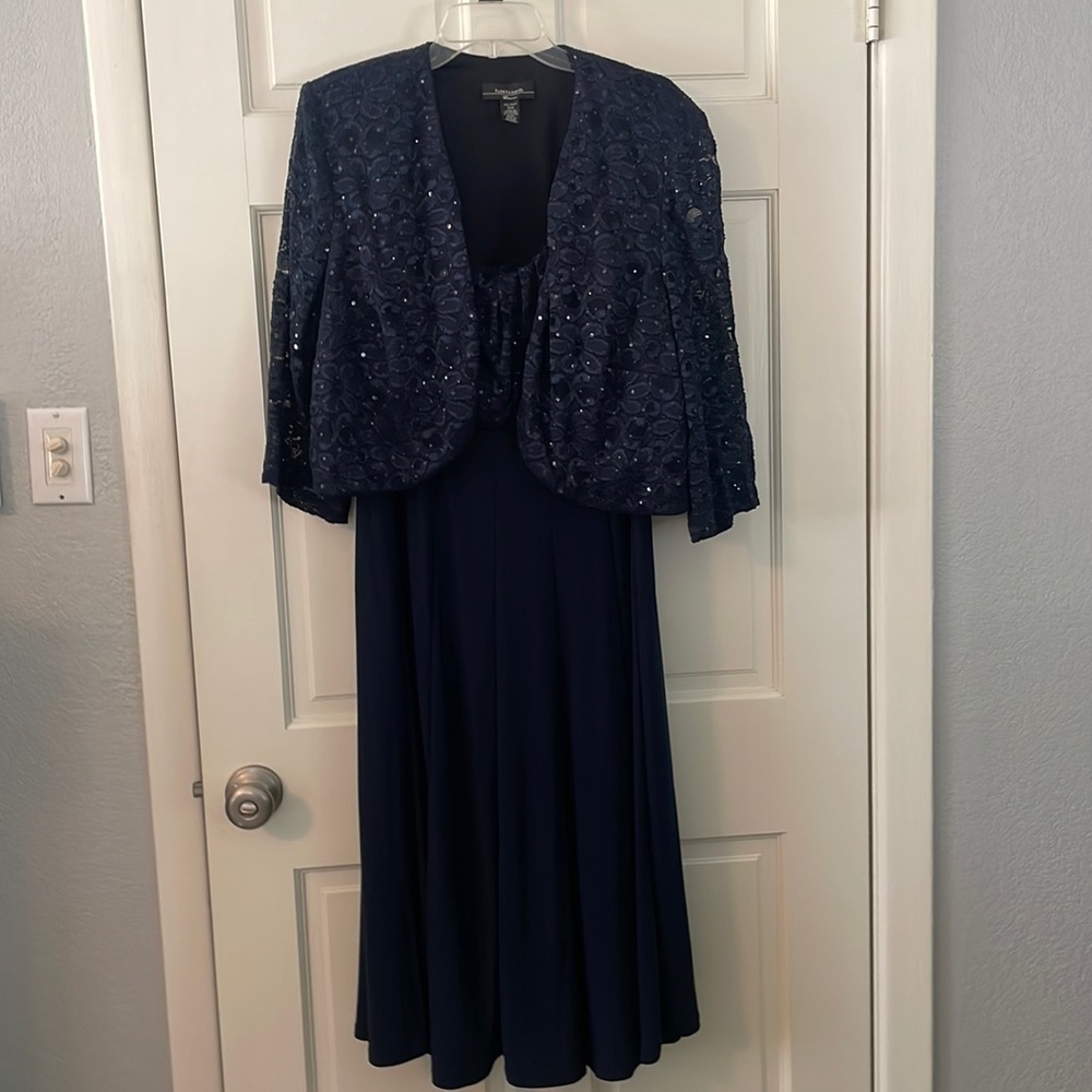 Evening Dress by R & M Richards, Size 18W,  Dark Blue w/ sequins.  Mid length.